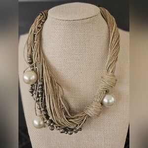 Elegant Pearl, Natural Fiber and Silver Beaded Necklace